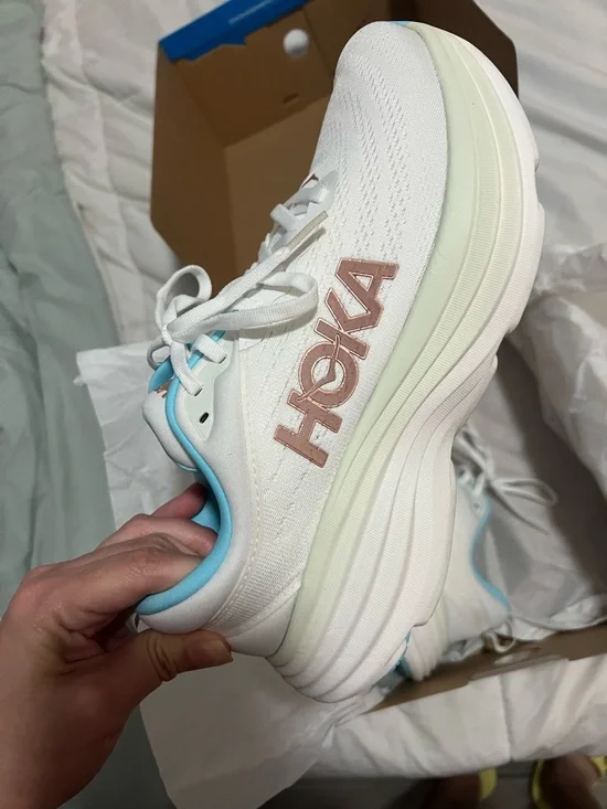 Hoka White Running Shoes with Light Blue and Rose Gold Accents - Picture 3 of 9